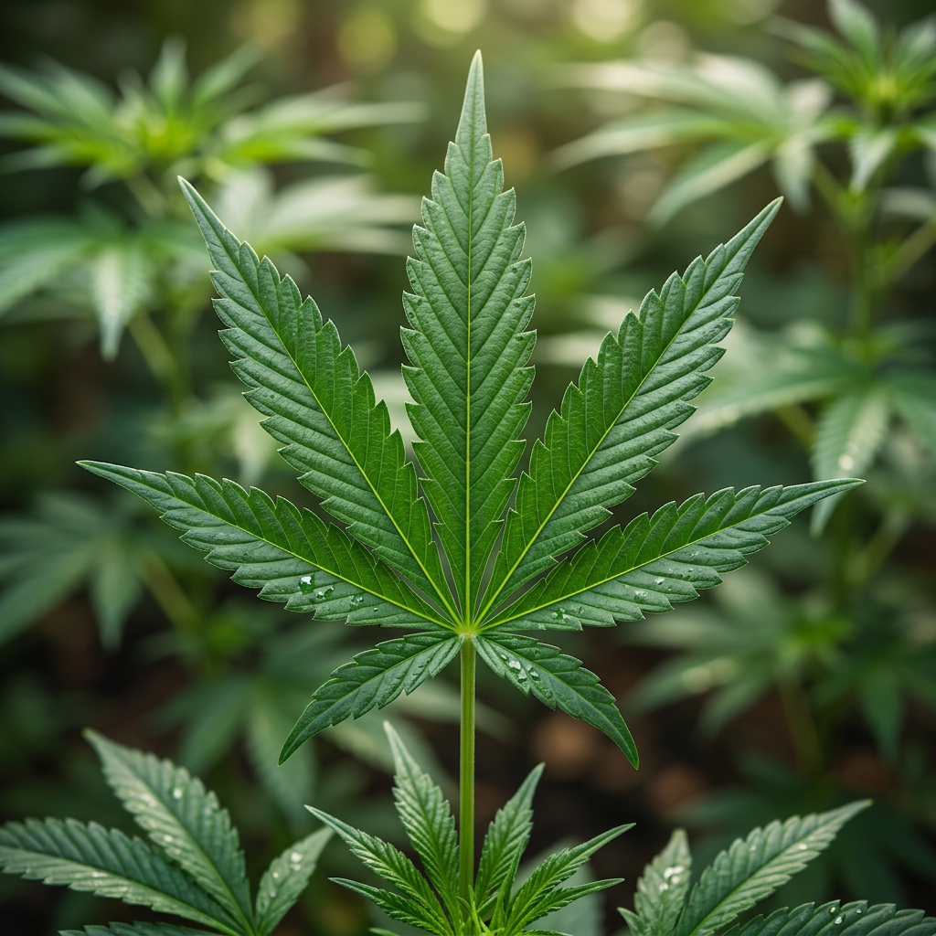 Detailed cannabis leaf with serrated green leaflets and water droplets